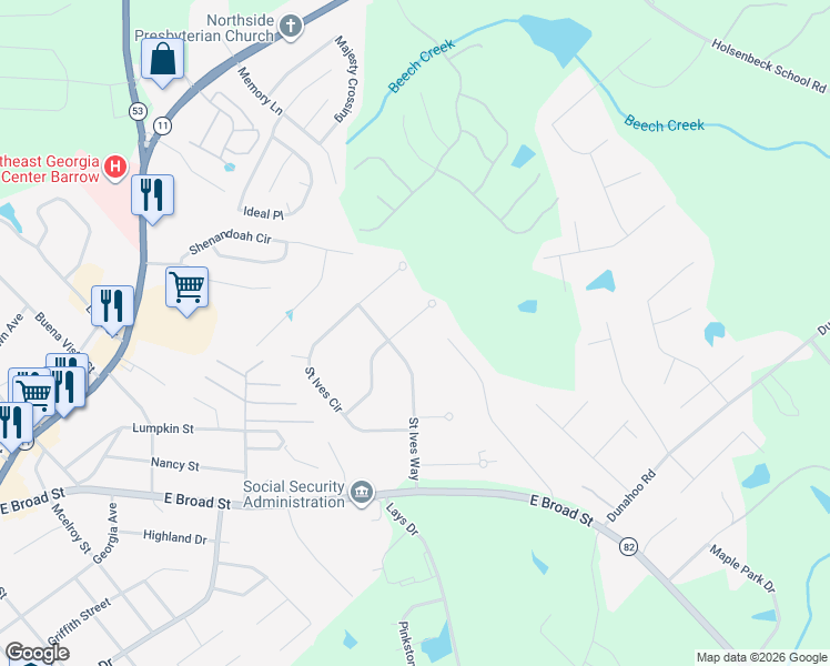map of restaurants, bars, coffee shops, grocery stores, and more near 71 Saint Ives Crossing in Winder