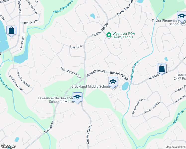 map of restaurants, bars, coffee shops, grocery stores, and more near 123 Russell Road in Lawrenceville