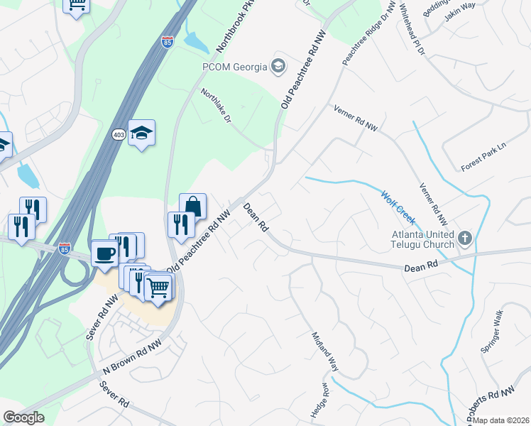map of restaurants, bars, coffee shops, grocery stores, and more near 2390 Birkhall Way Northwest in Lawrenceville