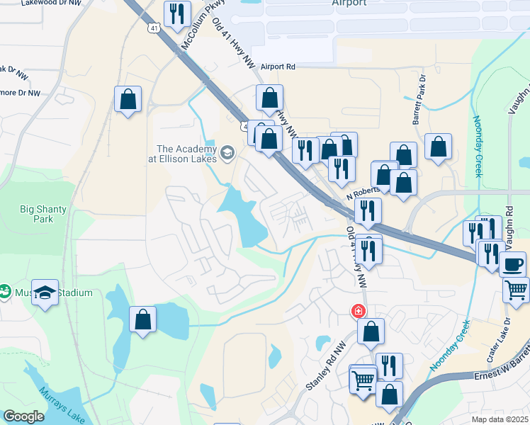 map of restaurants, bars, coffee shops, grocery stores, and more near 1802 Waterside Drive in Kennesaw