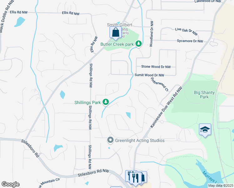 map of restaurants, bars, coffee shops, grocery stores, and more near 2165 Shillings Chase Drive in Kennesaw