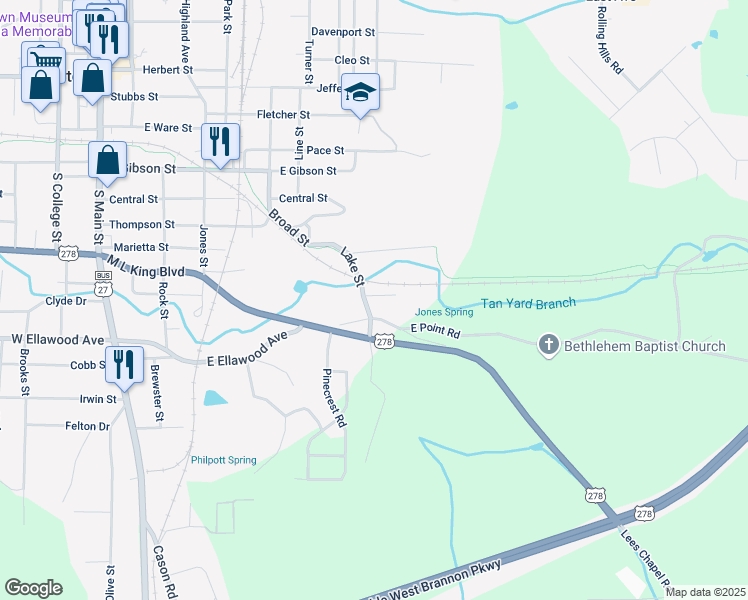 map of restaurants, bars, coffee shops, grocery stores, and more near 1007 Lake Street in Cedartown