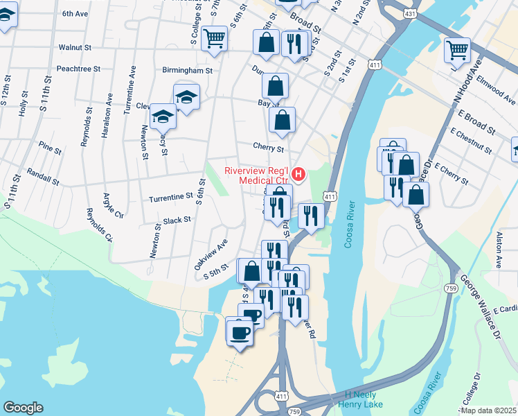 map of restaurants, bars, coffee shops, grocery stores, and more near 706 South 4th Street in Gadsden