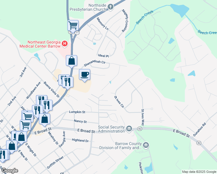 map of restaurants, bars, coffee shops, grocery stores, and more near 428 Shenandoah Court in Winder