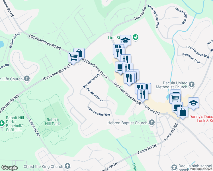 map of restaurants, bars, coffee shops, grocery stores, and more near 3355 Old Peachtree Road Northeast in Dacula
