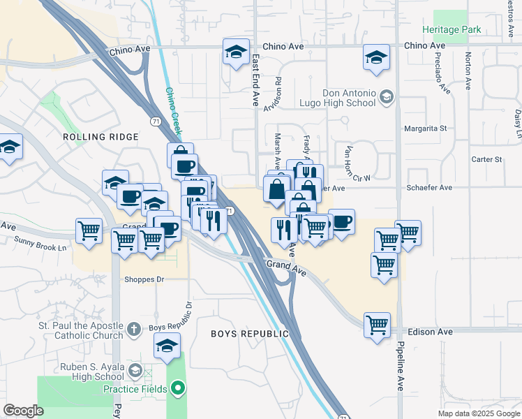 map of restaurants, bars, coffee shops, grocery stores, and more near 13798 Roswell Avenue in Chino