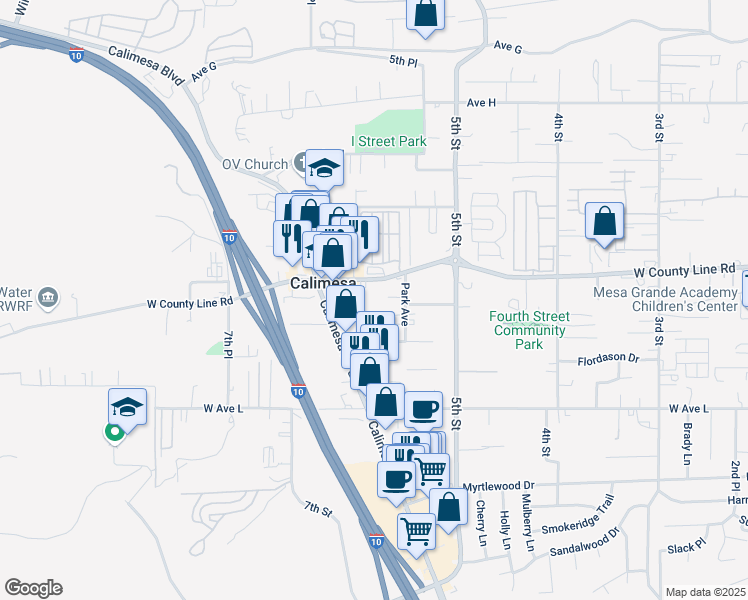 map of restaurants, bars, coffee shops, grocery stores, and more near 915 Avenue B in Calimesa