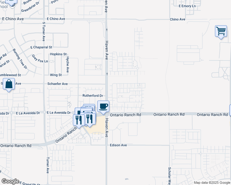 map of restaurants, bars, coffee shops, grocery stores, and more near 3885 South Oasis Paseo in Ontario