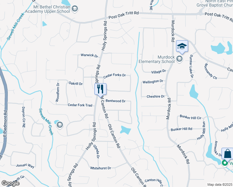 map of restaurants, bars, coffee shops, grocery stores, and more near 2223 Cedar Forks Drive in Marietta