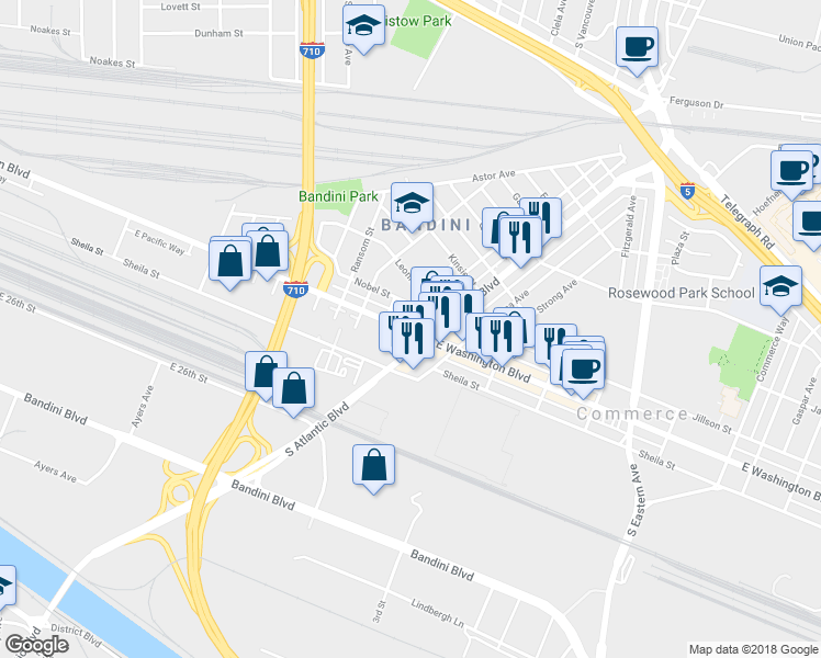 map of restaurants, bars, coffee shops, grocery stores, and more near East Washington Boulevard & Cowlin Avenue in Los Angeles