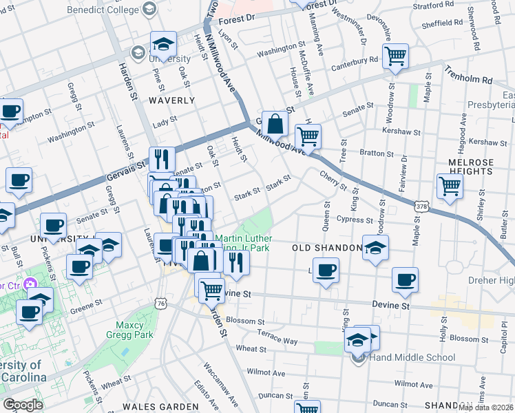map of restaurants, bars, coffee shops, grocery stores, and more near 2312 Stark Street in Columbia