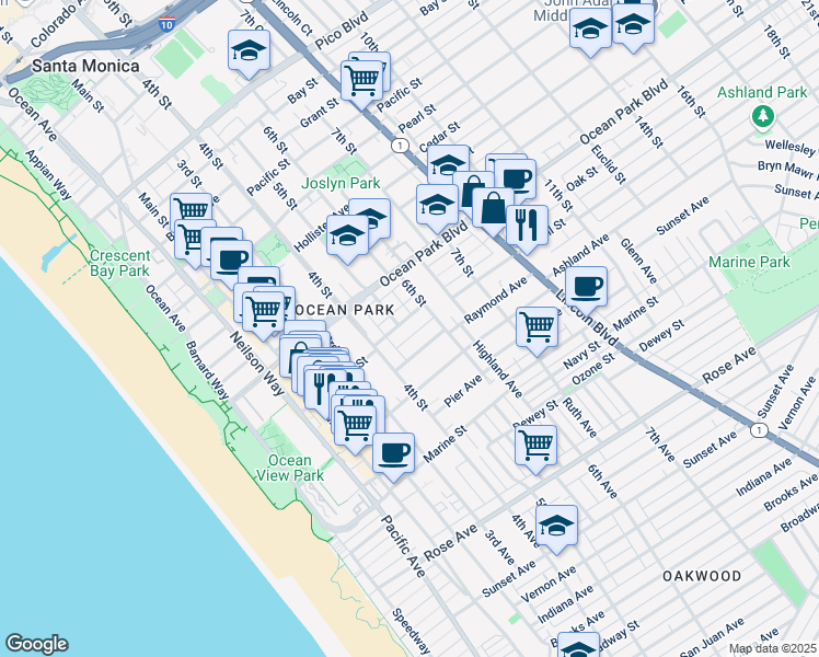 map of restaurants, bars, coffee shops, grocery stores, and more near 504 Hill Street in Santa Monica