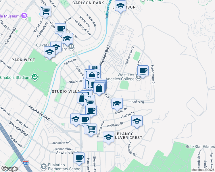 map of restaurants, bars, coffee shops, grocery stores, and more near 4902 Maytime Lane in Culver City