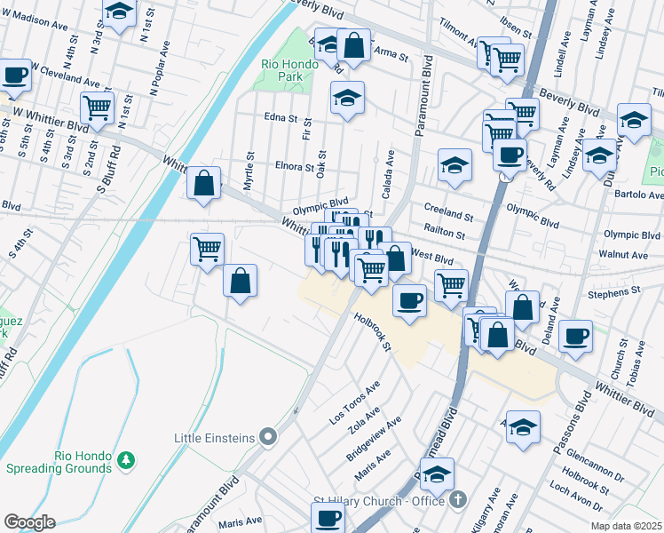 map of restaurants, bars, coffee shops, grocery stores, and more near 8520 Whittier Blvd in Pico Rivera