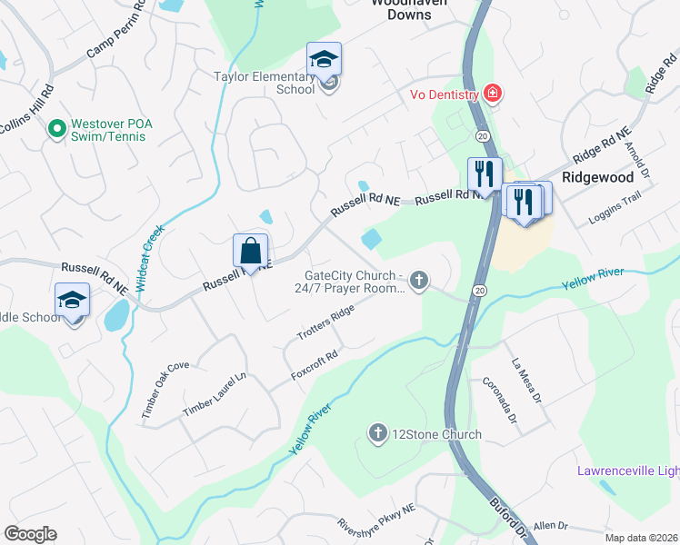 map of restaurants, bars, coffee shops, grocery stores, and more near 450 Tara Oaks Court in Lawrenceville