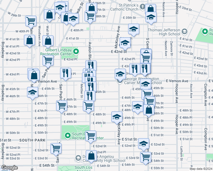 map of restaurants, bars, coffee shops, grocery stores, and more near 716 East Vernon Avenue in Los Angeles