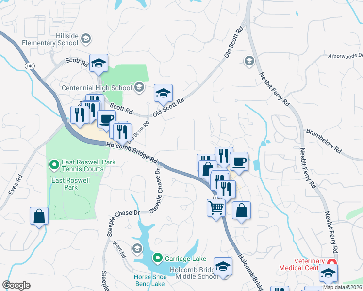 map of restaurants, bars, coffee shops, grocery stores, and more near 100 Gunlock Trce in Roswell