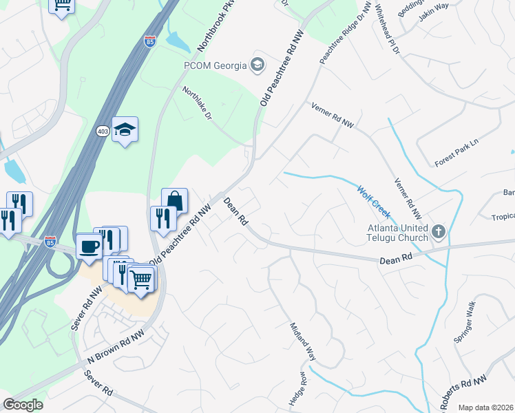 map of restaurants, bars, coffee shops, grocery stores, and more near 2390 Birkhall Way Northwest in Lawrenceville