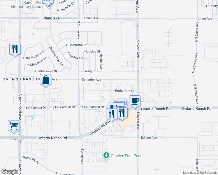 map of restaurants, bars, coffee shops, grocery stores, and more near 3285 Mayacama Way in Ontario