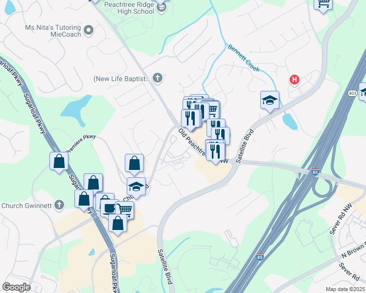 map of restaurants, bars, coffee shops, grocery stores, and more near 2710 Meadow Church Road in Suwanee