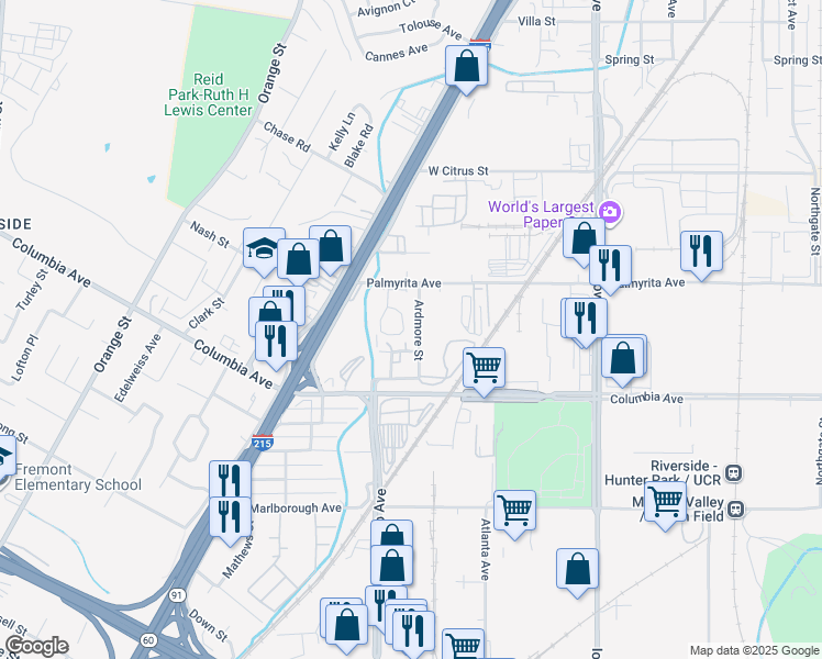 map of restaurants, bars, coffee shops, grocery stores, and more near 1073 Ardmore Street in Riverside
