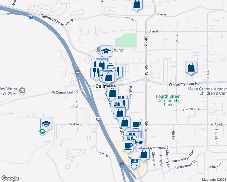 map of restaurants, bars, coffee shops, grocery stores, and more near 912 Avenue B in Calimesa