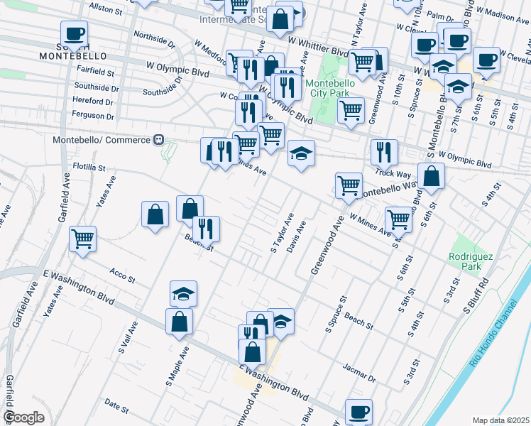 map of restaurants, bars, coffee shops, grocery stores, and more near 636 South Maple Avenue in Montebello