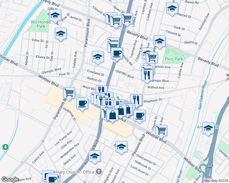 map of restaurants, bars, coffee shops, grocery stores, and more near 9112 Union Street in Pico Rivera