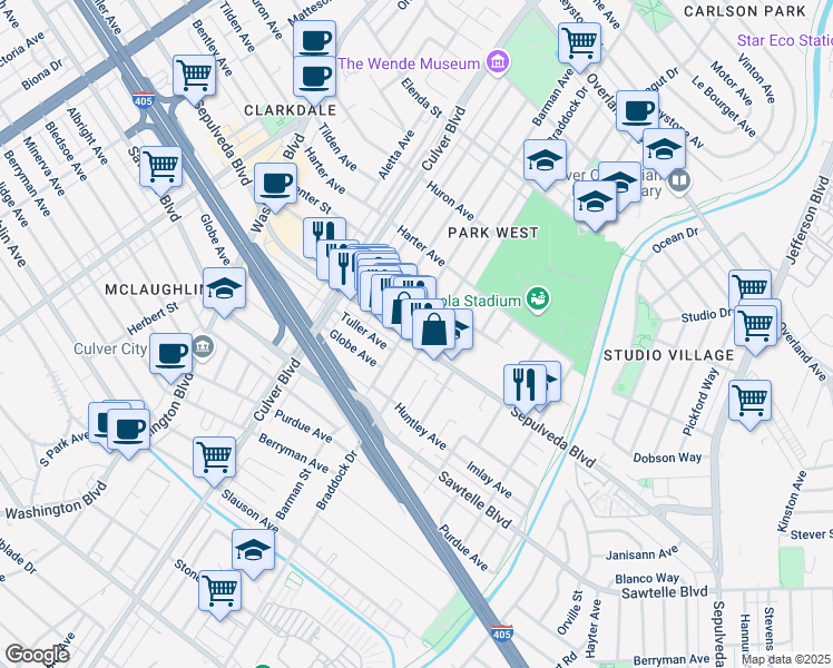 map of restaurants, bars, coffee shops, grocery stores, and more near 4410 Sepulveda Boulevard in Culver City