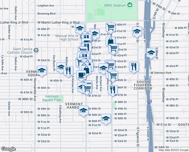map of restaurants, bars, coffee shops, grocery stores, and more near 936 West Vernon Avenue in Los Angeles
