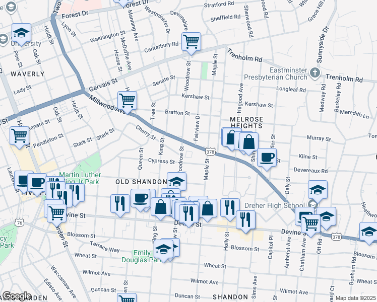 map of restaurants, bars, coffee shops, grocery stores, and more near 34 Old Shandon Circle in Columbia