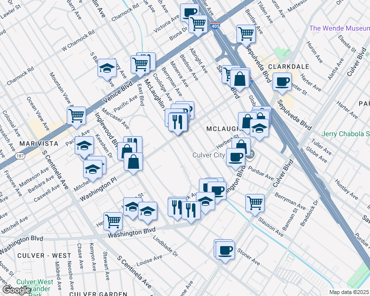 map of restaurants, bars, coffee shops, grocery stores, and more near 4038 McLaughlin Avenue in Los Angeles
