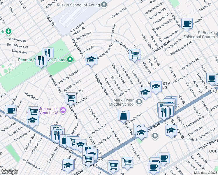 map of restaurants, bars, coffee shops, grocery stores, and more near in Los Angeles
