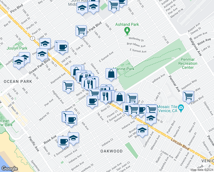 map of restaurants, bars, coffee shops, grocery stores, and more near 1120 Ozone Avenue in Santa Monica