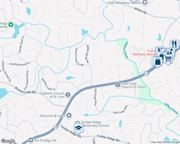map of restaurants, bars, coffee shops, grocery stores, and more near 2253 Willeo Rill Road Northeast in Marietta