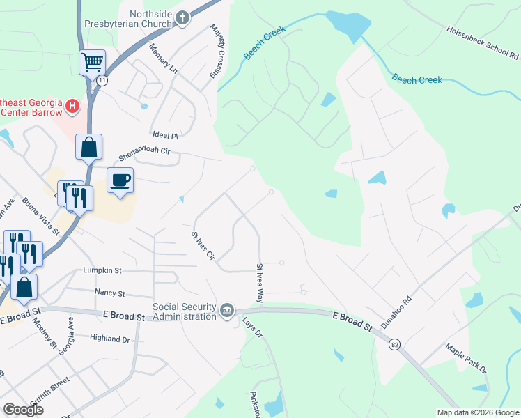map of restaurants, bars, coffee shops, grocery stores, and more near 71 Saint Ives Crossing in Winder