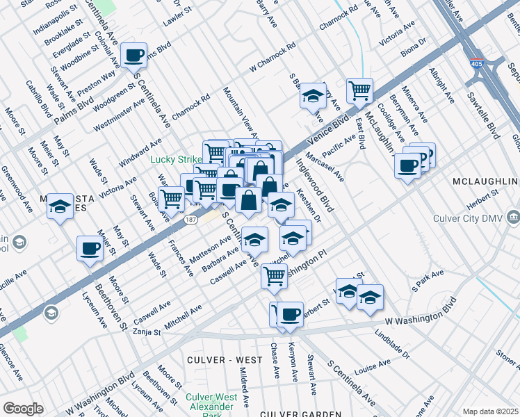 map of restaurants, bars, coffee shops, grocery stores, and more near 12218 Pacific Avenue in Los Angeles