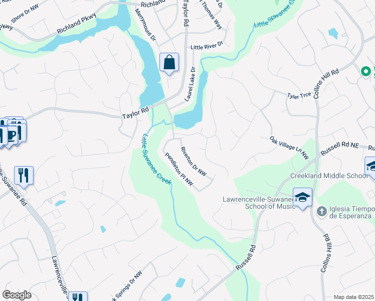 map of restaurants, bars, coffee shops, grocery stores, and more near 1933 Riverton Drive Northwest in Suwanee