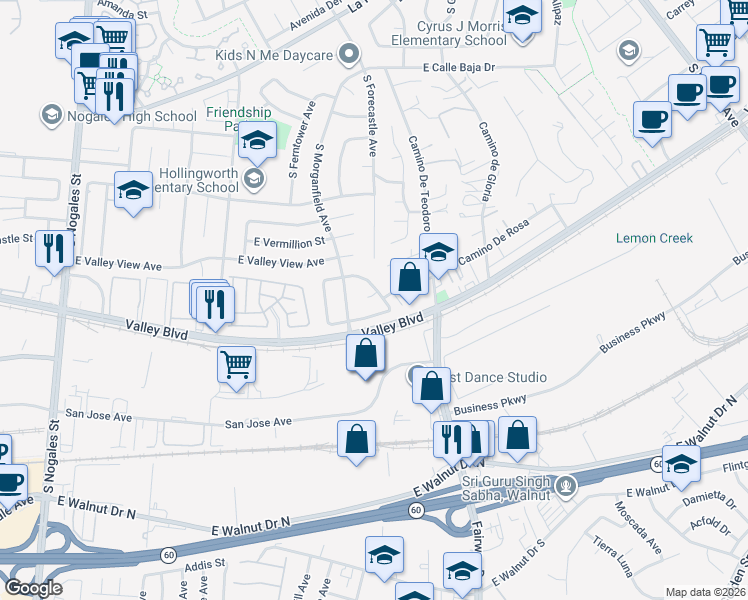 map of restaurants, bars, coffee shops, grocery stores, and more near 3246 East Bali Drive in West Covina