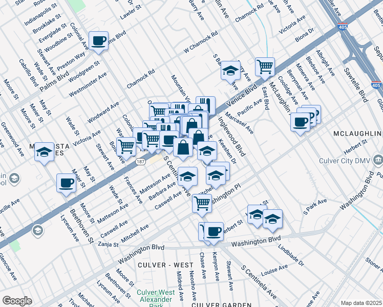 map of restaurants, bars, coffee shops, grocery stores, and more near 12218 Pacific Avenue in Los Angeles