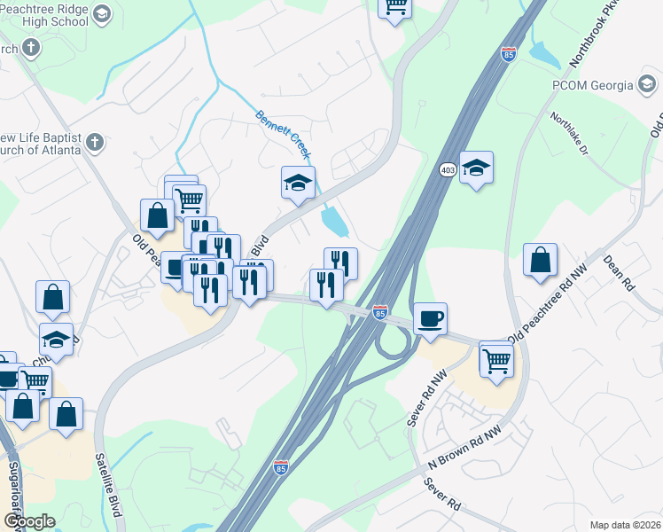 map of restaurants, bars, coffee shops, grocery stores, and more near 1460 Distribution Drive in Suwanee