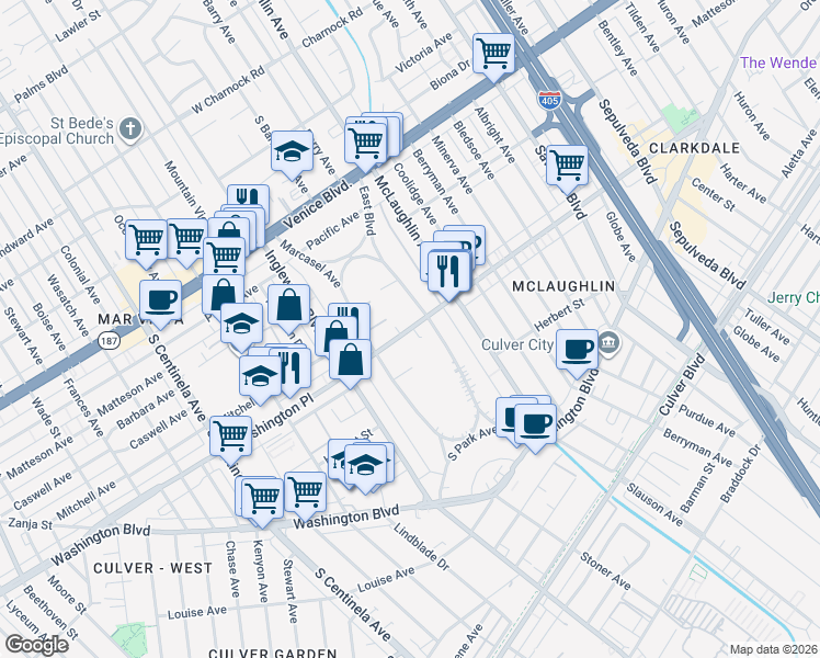 map of restaurants, bars, coffee shops, grocery stores, and more near 11826 Washington Place in Los Angeles