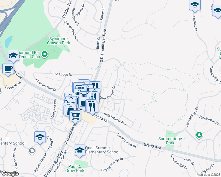 map of restaurants, bars, coffee shops, grocery stores, and more near 23552 Rapid Brook Road in Diamond Bar