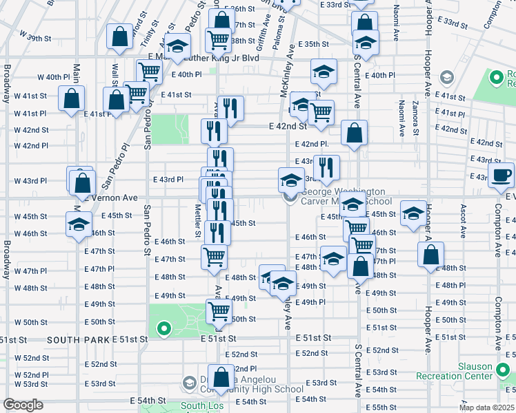 map of restaurants, bars, coffee shops, grocery stores, and more near 716 East Vernon Avenue in Los Angeles