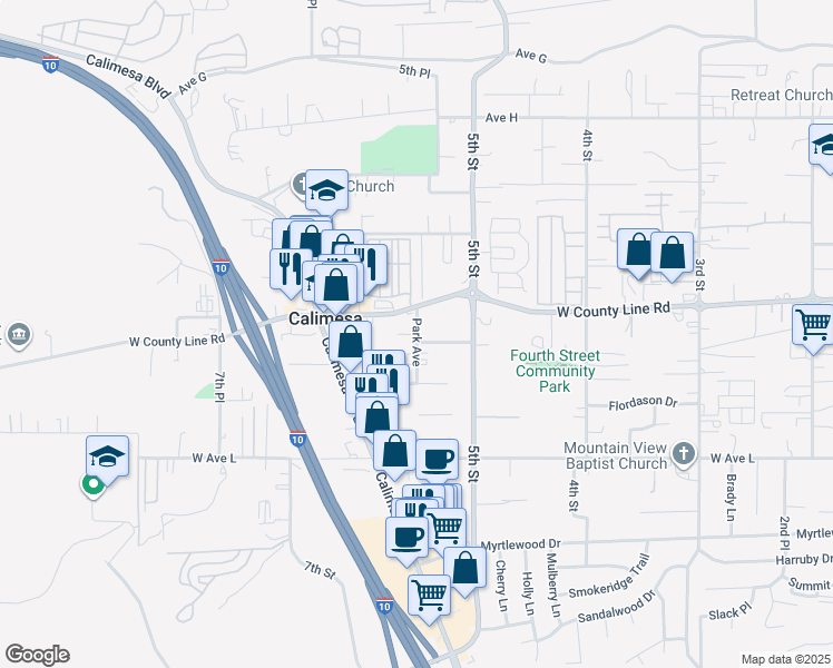 map of restaurants, bars, coffee shops, grocery stores, and more near Park Avenue in Calimesa