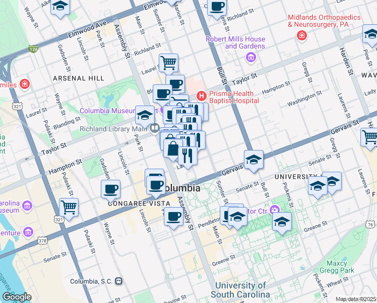 map of restaurants, bars, coffee shops, grocery stores, and more near 1328 Main Street in Columbia