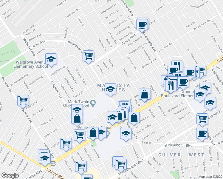 map of restaurants, bars, coffee shops, grocery stores, and more near 3661 Moore Street in Los Angeles