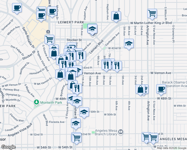 map of restaurants, bars, coffee shops, grocery stores, and more near 3116 West Vernon Avenue in Los Angeles