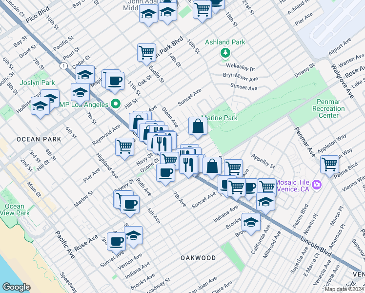 map of restaurants, bars, coffee shops, grocery stores, and more near 1110 Ozone Avenue in Santa Monica