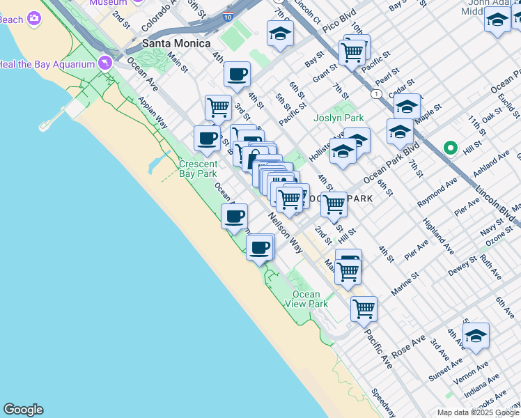 map of restaurants, bars, coffee shops, grocery stores, and more near 153 Wadsworth Ave in Santa Monica